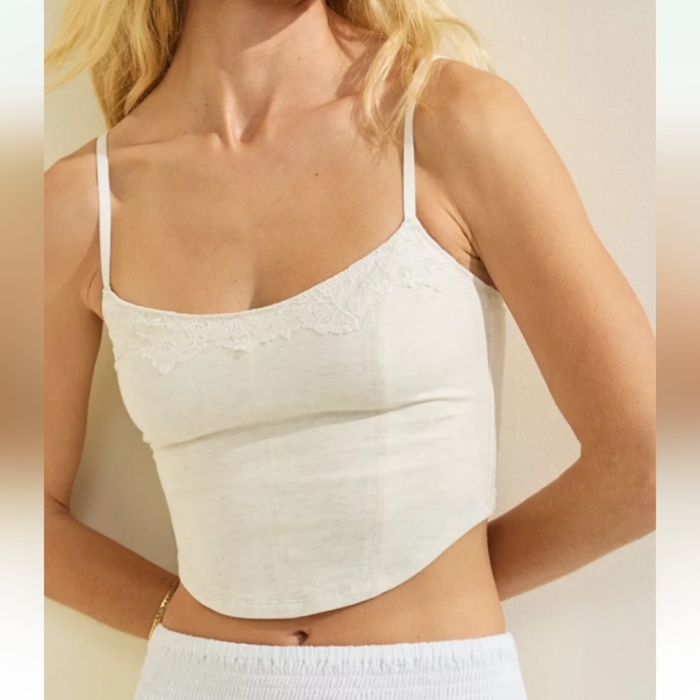 Superchill By Aerie Cotton Lace Corset Bra Top Womens Medium Heather Frost‎ Crop